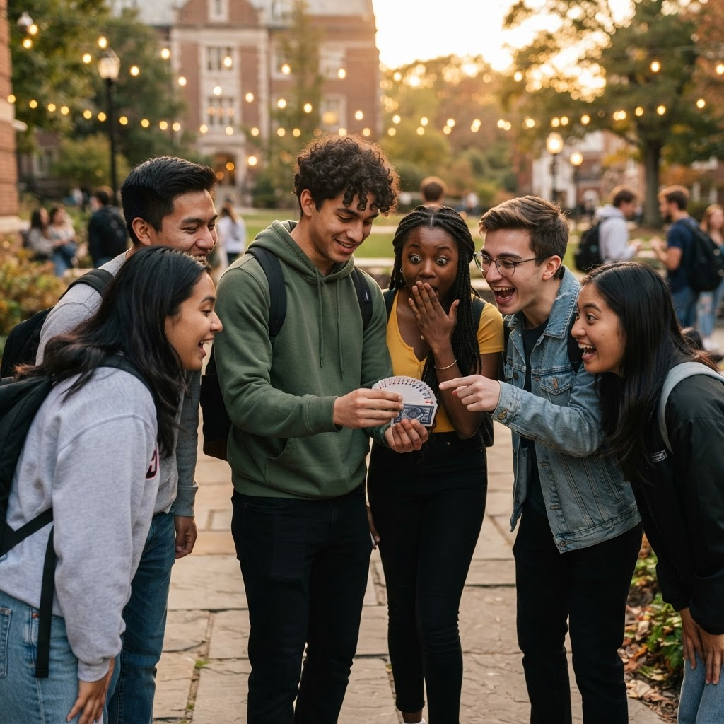 Universitários impressionados assistindo a uma mágica